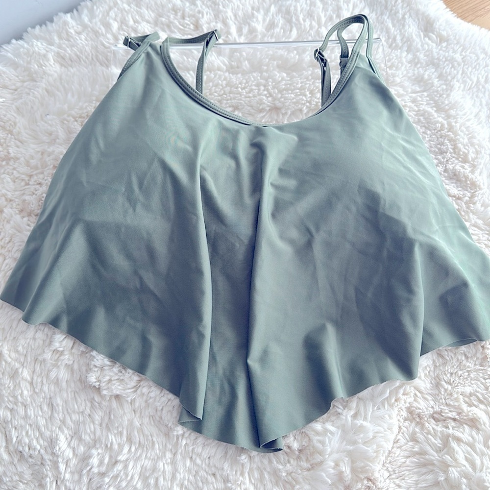 Adorable army green bikini top with asymmetrical longer front ruffle